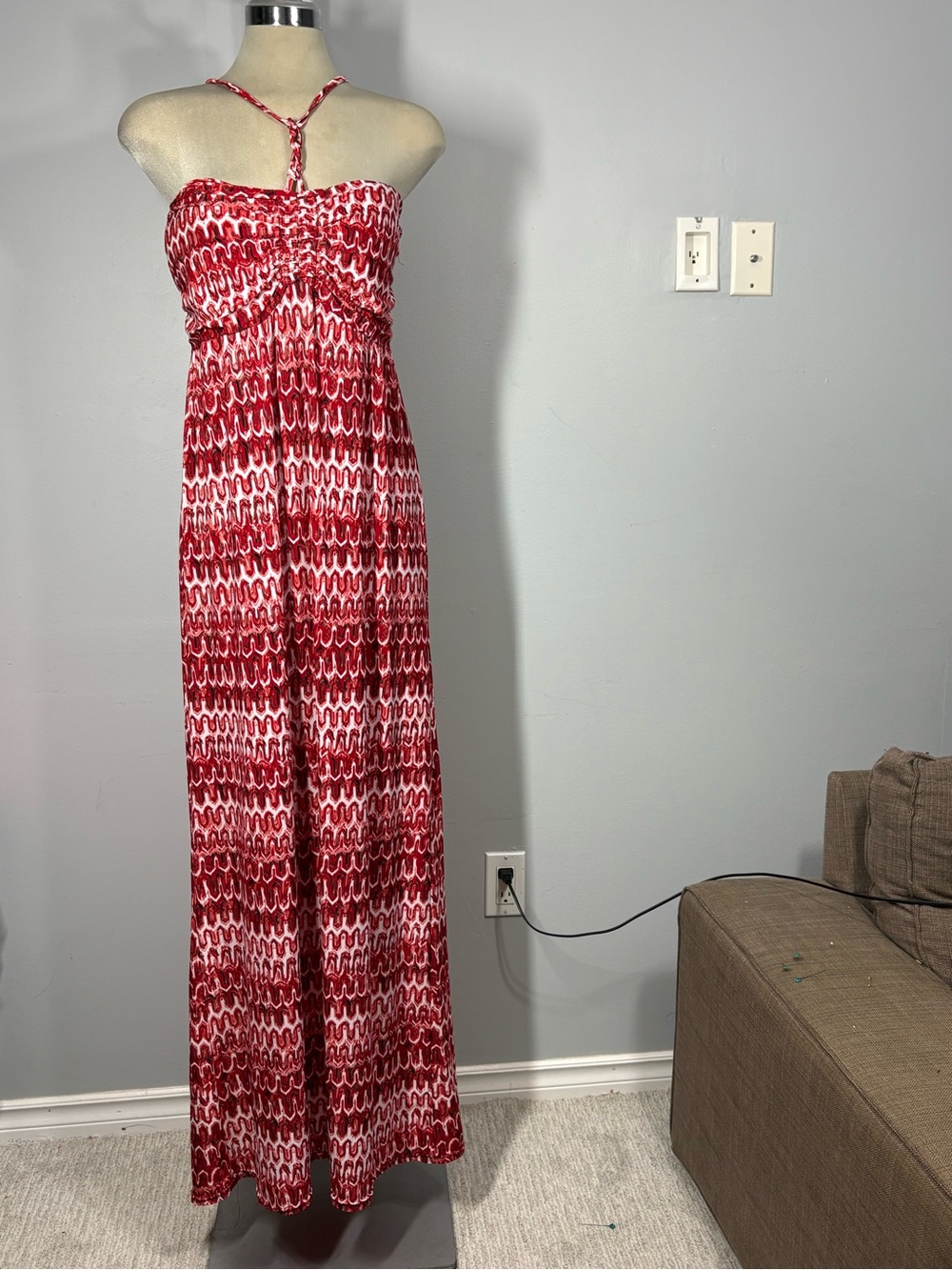 Red Printed Halter Maxi Dress